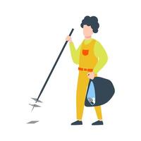 Man picking paper trash into garbage bag in flat design. Street cleaning. illustration isolated. vector
