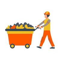 Man in uniform pushing trash can at wheels in flat design. Street cleaning. illustration isolated. vector