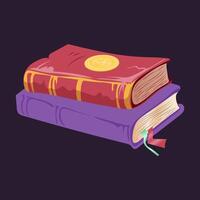 Old magic book in flat design. Stack of witchcraft literature in library. illustration isolated. vector