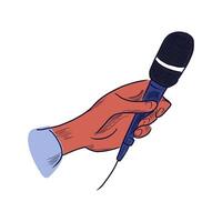 Podcast microphone in flat design. Journalist hand holding mic for record. illustration isolated. vector