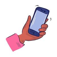 Podcast application in flat design. Listener hand holding mobile phone. illustration isolated. vector