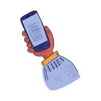 Podcast app in flat design. Listener hand holding mobile phone with application. illustration isolated. vector
