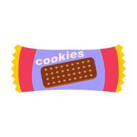 Chocolate cookies in package in flat design. Sweet snack in plastic wrapper. illustration isolated. vector