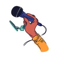 Podcast microphone in flat design. Broadcast speaker hand holding mic. illustration isolated. vector