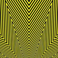 An optical art pattern featuring bold yellow and black lines arranged in a series of concentric, chevron like shapes. vector