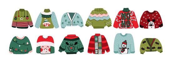 A set of ugly sweaters. Funny sweaters in hand drawn style. Winter Xmas Pullovers vector