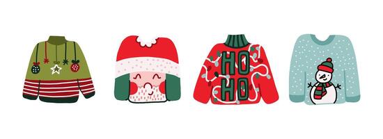 Hand Draw Christmas Ugly Sweater Party. Set of the Winter Xmas Pullover. Illustration on a white background vector