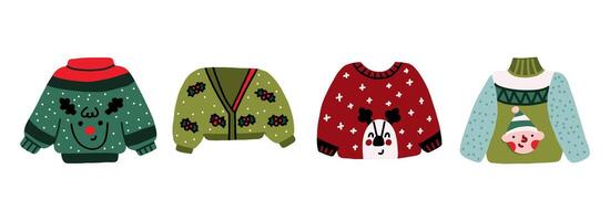 Set of Hand Draw Christmas Ugly Sweater. Knitted Funny Winter Xmas Pullover. Illustration on a white background vector
