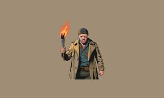 Angry man holding a flaming torch with intense expression. vector