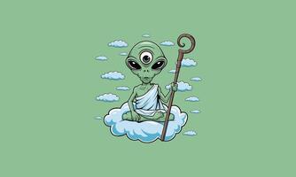 Alien with third eye meditating on cloud, mystical vibe. vector