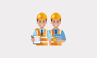 Smiling construction workers with checklists and helmets. vector