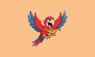 Red parrot holding a magic lamp, flying with open wings. vector