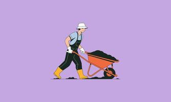 Gardener pushing a wheelbarrow filled with soil, working. vector