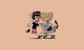 Kids playing with shopping cart, joyful and mischievous. vector
