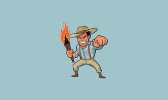 Angry farmer with torch and fist raised in defiance. vector