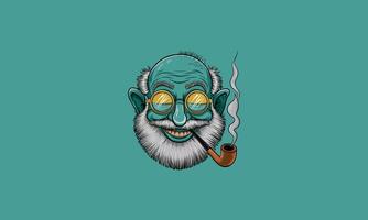 Smiling elderly man with beard and glasses, smoking pipe. vector