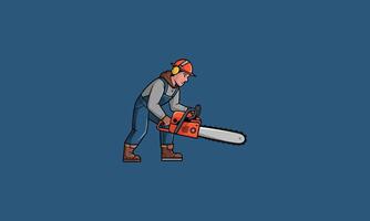 Worker using a chainsaw with protective gear. vector