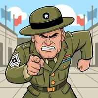 Angry drill sergeant pointing forward, military setting. vector