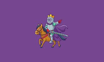 Cartoon knight on horseback with lance pointing forward. vector