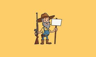 Bearded farmer with rifle and blank sign, rustic attire. vector