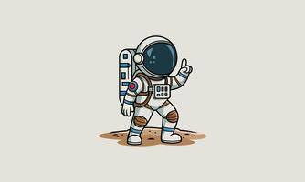 Cartoon astronaut pointing forward, standing on moon. vector