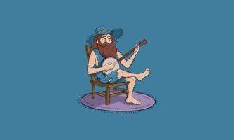Bearded man playing banjo on a chair, rustic setting. vector