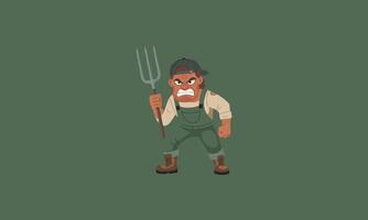 Angry farmer holding a pitchfork in a defensive stance. vector