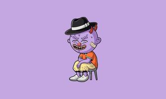 Purple character with horns and hat, sitting with a grin. vector