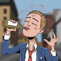 Tipsy man drinking from bottle with dizzy expression. vector