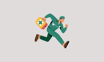 Running doctor with first aid kit, ready for emergency help. vector