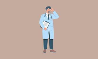 Doctor holding a clipboard, adjusting glasses thoughtfully. vector