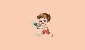 Happy boy playing with water gun, splashing in swim trunks. vector
