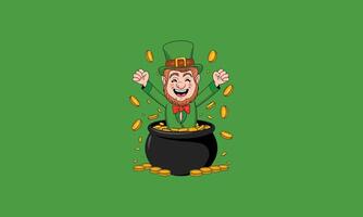 Happy leprechaun in pot of gold with falling coins. vector