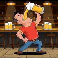 Man chugging beer enthusiastically in a lively bar scene. vector