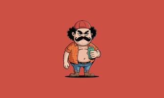 Grumpy man with mustache holding drink, casual attire. vector