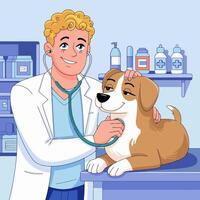 Veterinarian examining a happy dog in a clinic setting vector