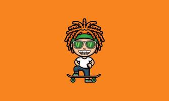 Cool skater with dreadlocks, sunglasses, and skateboard. vector