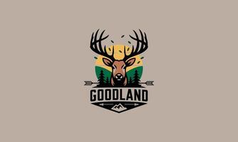 Rustic deer logo with antlers, trees, and sunset background vector