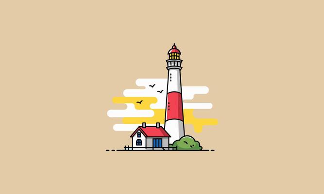 Whimsical illustration of a lighthouse with a coastal house.