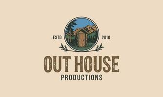 Rustic logo featuring an outhouse with mountain backdrop vector