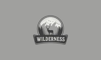 Nature emblem with deer, mountains, and forest silhouette vector