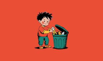 Cartoon child throwing trash in a bin with a smile vector