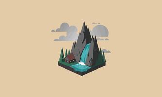 Mountain cabin by waterfall with trees and clouds vector