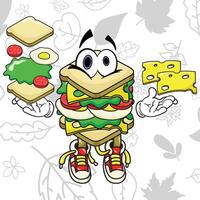 Sandwich mascot design with natural leaf pattern background vector