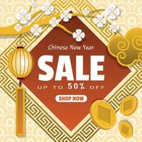 Chinese New Year Sale poster with square chinese pattern and it's ornaments vector