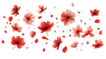 A stunning and breathtaking display of falling red flower petals gracefully dances through the air, beautifully embodying the essence of spring and renewal, and creating a serene, vibrant ambiance photo