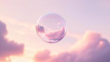 A pink bubble floats through a dreamy sky of fluffy clouds, radiating lightness with shimmering reflections that sparkle in the sunlight, captivating all who behold its whimsical beauty photo