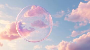 A delightful and charming illustration of a pink bubble gently floating in a beautifully soft sky, surrounded by fluffy and dreamy clouds, evoking warm feelings of wonder and lightness in observers photo