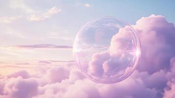 In a whimsical scene, a large pink bubble floats gracefully in the clear blue sky, surrounded by soft, fluffy clouds and bathed in warm sunlight, evoking a delightful feeling of lightness and wonder photo