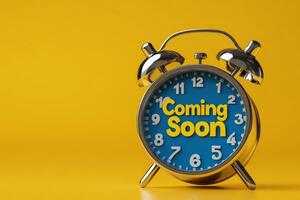 A vintagestyle alarm clock on a bright yellow background features a Coming Soon message, ideal for marketing campaigns or as a unique placeholder for websites and online platforms photo